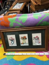 COUNTRY FLORAL TRIPLE PICTURE OAK & GLASS FRAMED PICTURES 6” X 11”