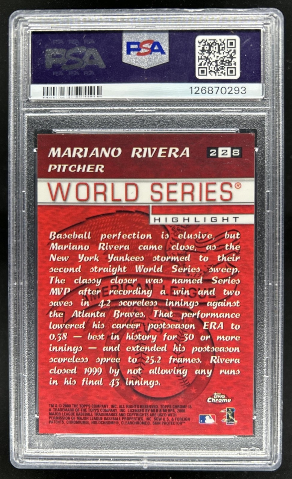 2000 Topps Chrome Mariano Rivera #228 New York Yankees PSA 10 GEM MINT view 2