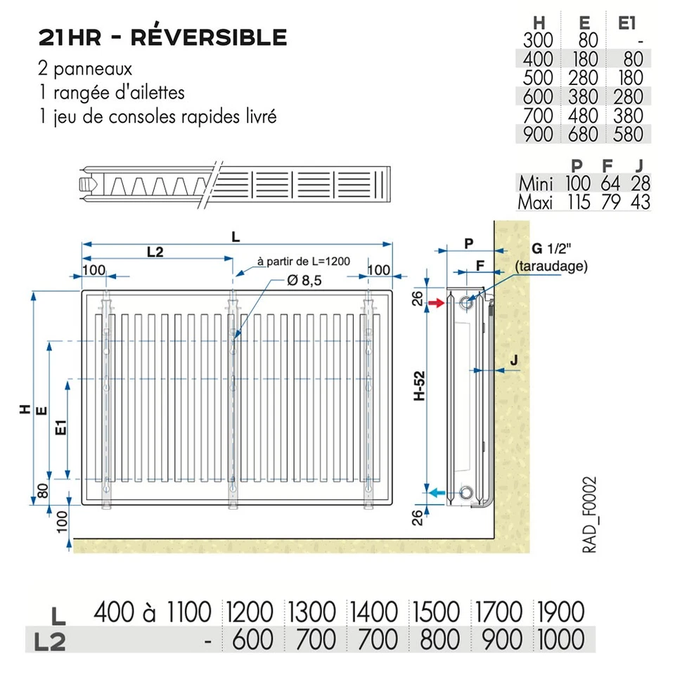 Radiateur eau chaude réversible Acier Blanc Type 21 Chauffage central DE DIETRI - Photo 3/4