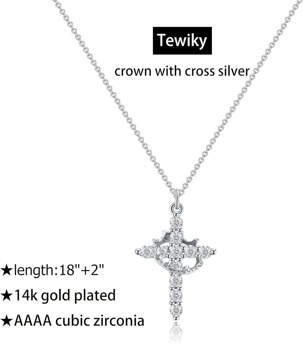 Hiqmic 925 Sterling Silver Crown Pendant Necklace - Gold/Silver Plated With Cubic Zirconia, 16-Inch Chain