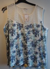 LADIES SIZE 26 S/less TOP WHITE/BLUE ORIENTAL PATTERN LACE YOLK, BNWT