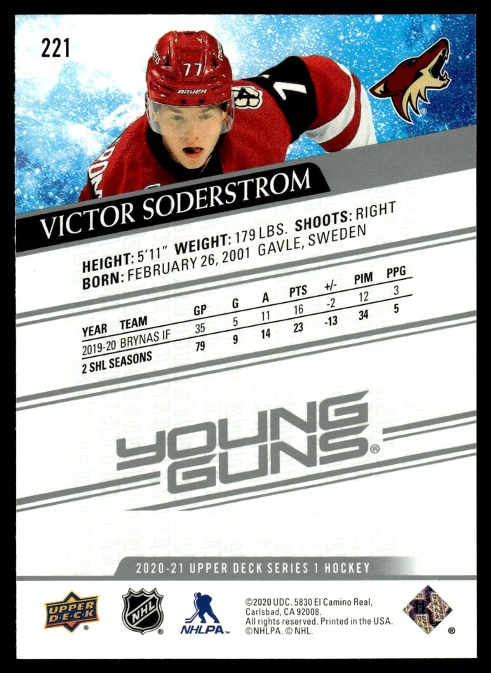2020-21 UPPER DECK YOUNG GUNS Victor Soderstrom Rookie Arizona Coyotes #221 - Image 2 of 2