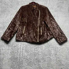 Adrienne Landau Jacket Womens XL Brown Faux Fur Croc Embossed Moto Coat Pockets