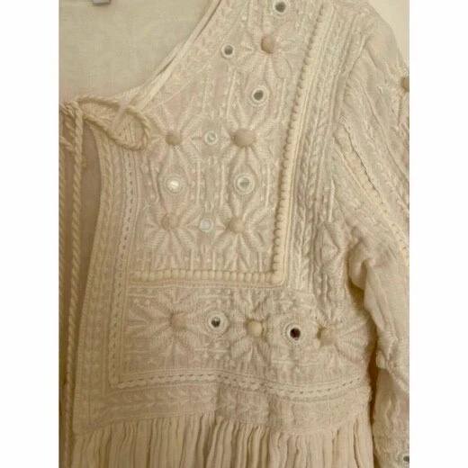 Fabulosa Chaqueta de Gasa Bordada de Algodón Marfil con Borlas Pom XS Foto 4 de 4