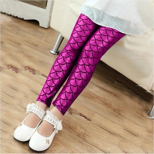 Kids Child Leggings Pants Mermaid Shiny Fish Scales Trousers Costume Show - Picture 19 of 19