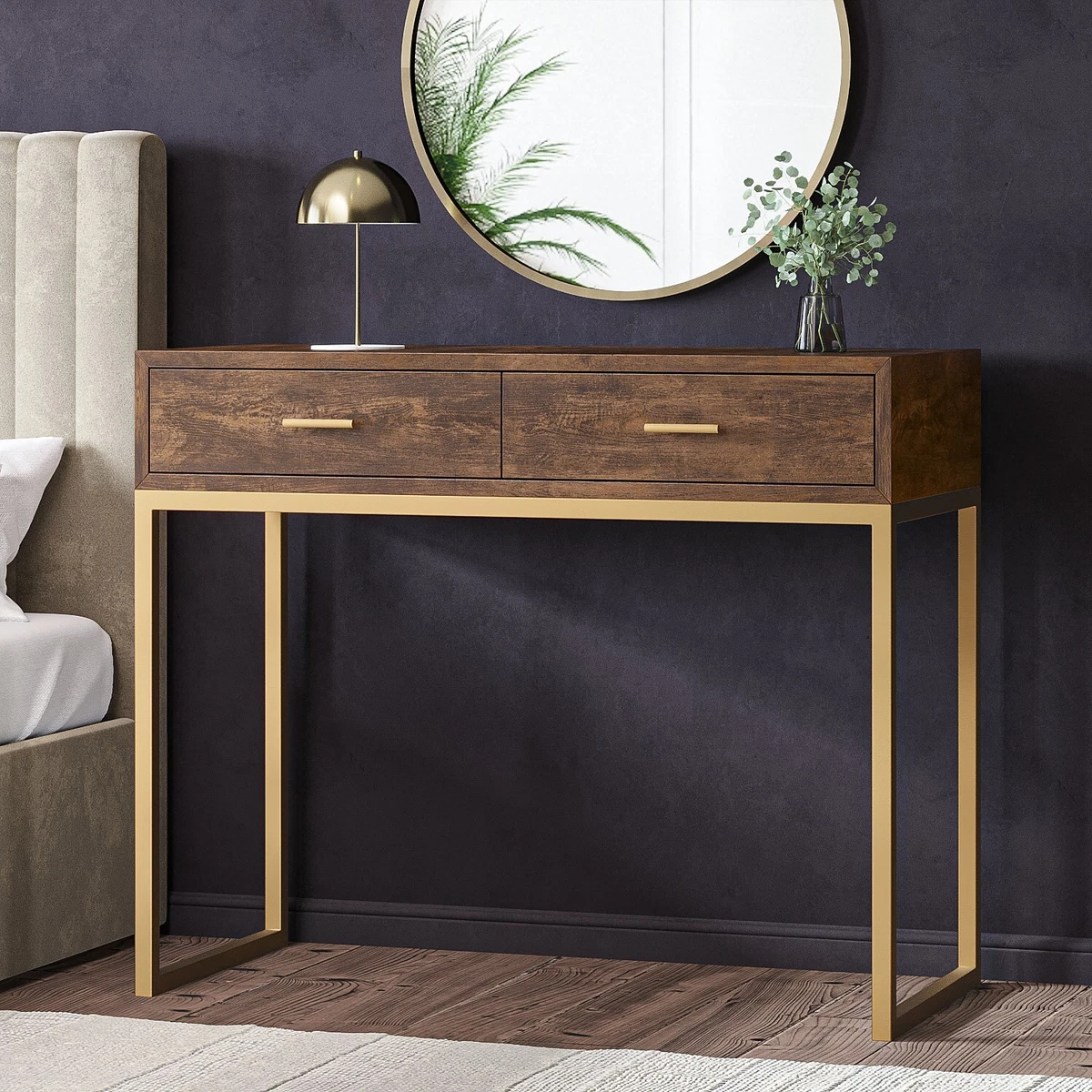 Dressing Table Dark Mango Wood with 2 Storage Drawers Gold Metal Handles Legs