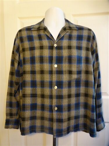 1950s 60s Black Blue Grey Rayon Gab Shadow plaid Shirt Rockabilly Rat Pack Small - Picture 1 of 16