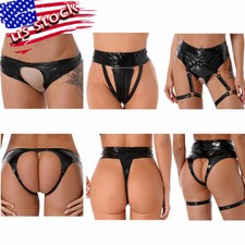 Women Wetlook Low Rise Thong Hollow Crotch Leather Lingerie Briefs Underwear