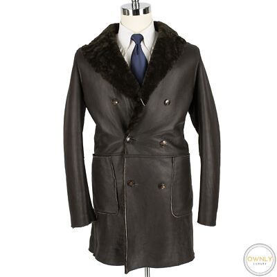 NWT D'Amico Brown Grain Leather Shearling Fur Lined Italy Dbl Breasted Coat 40US
