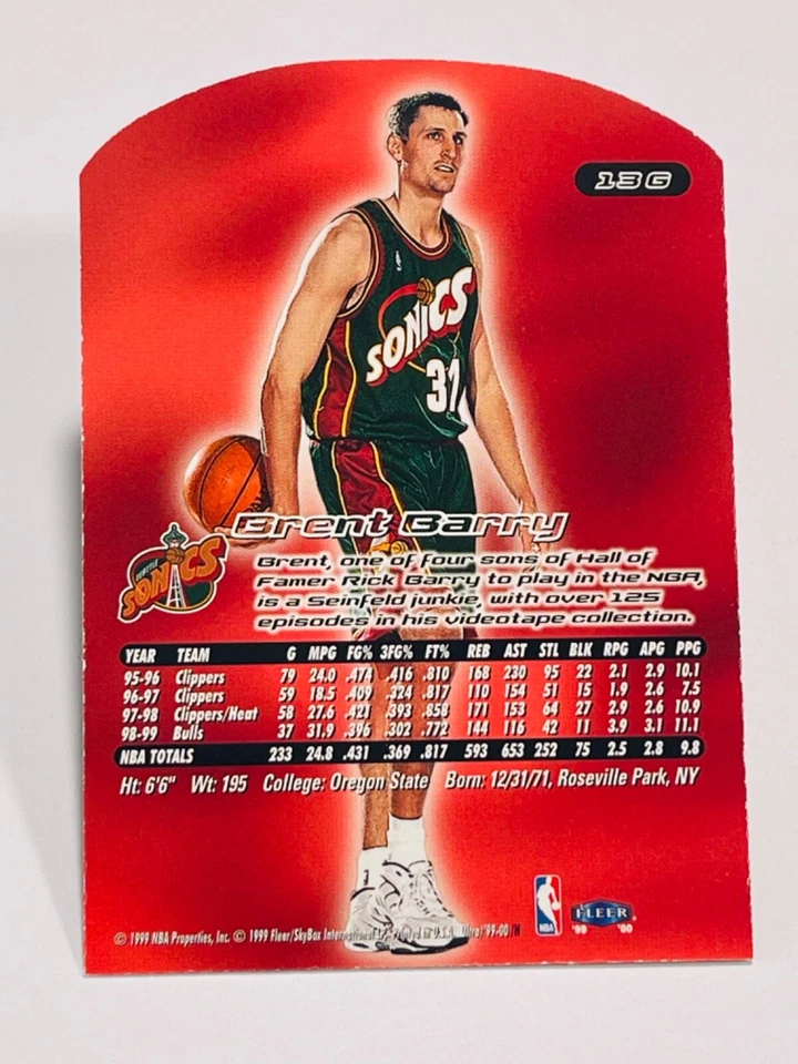 BRENT BARRY 1999-00 Fleer Ultra GOLD MEDALLION Parallel 13G Sonics - Image 2 of 2