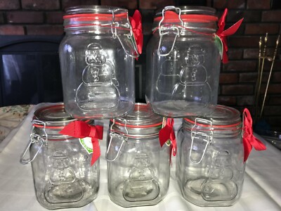5 NEW ANCHOR HOCKING E-Z Seal RED Lid w/ Clamp 38oz MASON JARS Embossed SNOWMAN