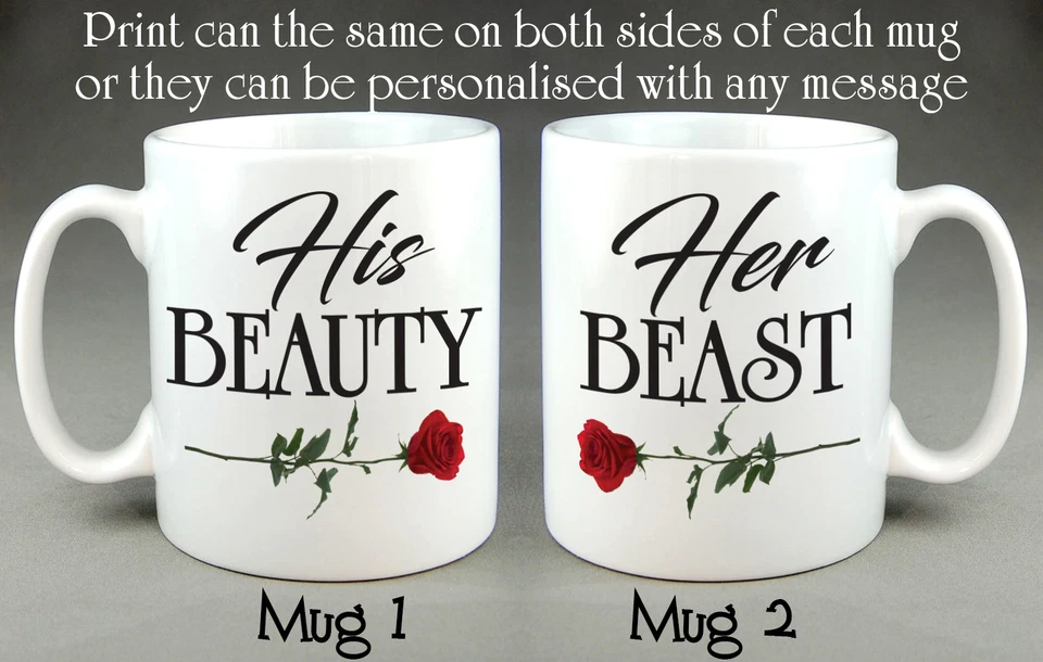THE LANARK PRINT CO. His Beauty Her Beast Matching Mugs - Wedding Valentine Gift Coffee Tea Cup 10oz.