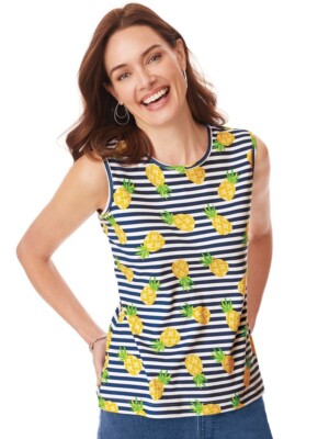Essential Knit Tank Top Sleeveless Summer Tee Misses Size Med Pineapple