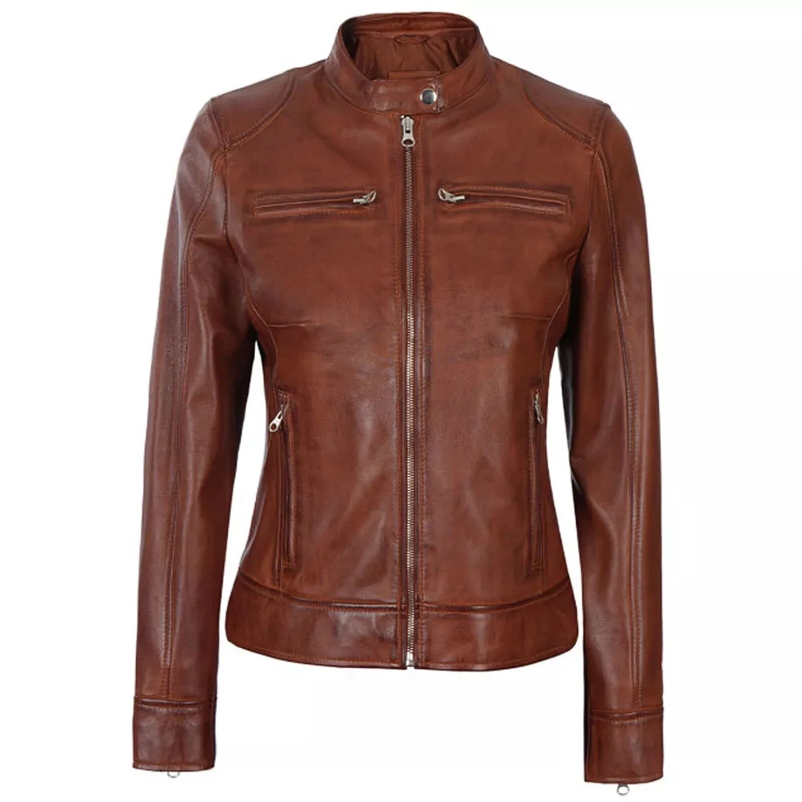 Women's Vintage Brown Biker Jacket 100% Genuine Lambskin Leather Moto Jacket