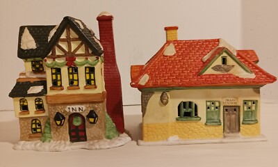 2 Vintage Porcelain Christmas Village Buildings TRAIN STATION & INN 6.5''