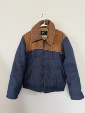 Vintage Mountain Products Goose Down Puffer Jacket Brown Suede Navy Made In USA