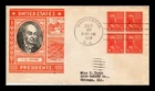 DR JIM STAMPS US COVER JOHN QUINCY ADAMS PRESIDENTIAL SERIES FDC BLOCK OF 4