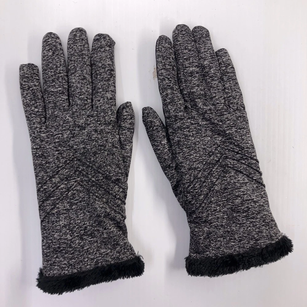 Isotoner Gray Static Pattern Winter Gloves Black Fuzzy Fleece Lining