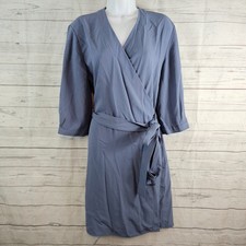 Everlane Womens Wrap Dress Sz 10 Solid Blue 3/4 Sleeve Pockets Triacetate