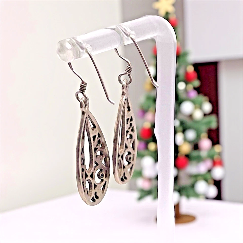 Filigree Open-Cut Swirl Teardrop 925 Sterling Silver Dangle Earrings, 1.5" - Image 4 of 4