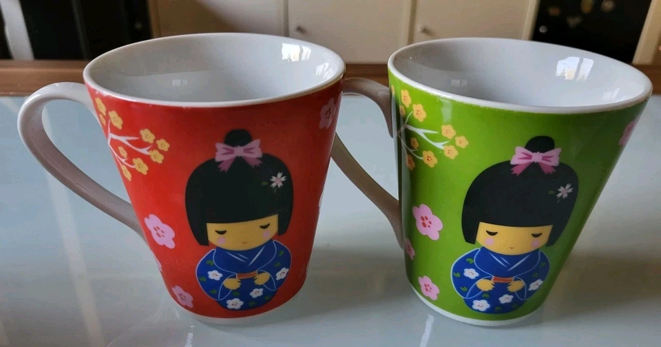 NANA Keramik Kaffeebecher-Set 2tlg mit Griff, Bildmotiv Blumen rot/grün - Bild 1 von 4