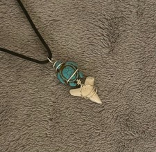 Fossil Shark Tooth Pendant Necklace with Cord and Teal Sea Turtle Charm