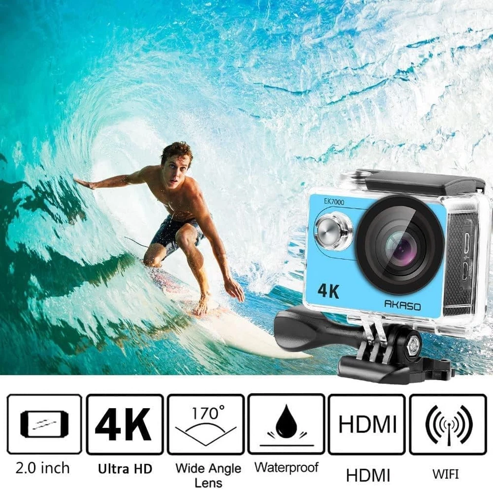 AKASO EK7000 4K30FPS Action Camera - 20MP Ultra HD Underwater 170 Blue  - Image 2 of 4