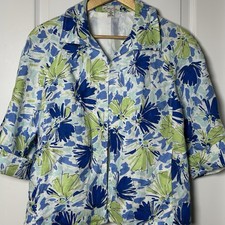 Kim Rogers Linen Blue Green Floral 3/4 Sleeve Blazer Coastal Grandmother Style