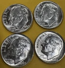 Lot of (4) Three Roosevelt Dimes - 90% Silver - All 4 are 1964 P - Very Nice