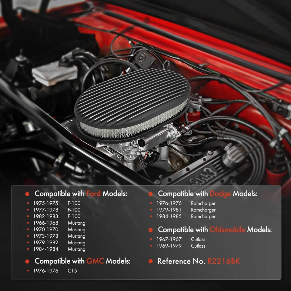 12" X 2" Oval Black Air Cleaner Kit for Chevy Impala Ford F-100 GMC C15 Dodge - Image 3 of 4