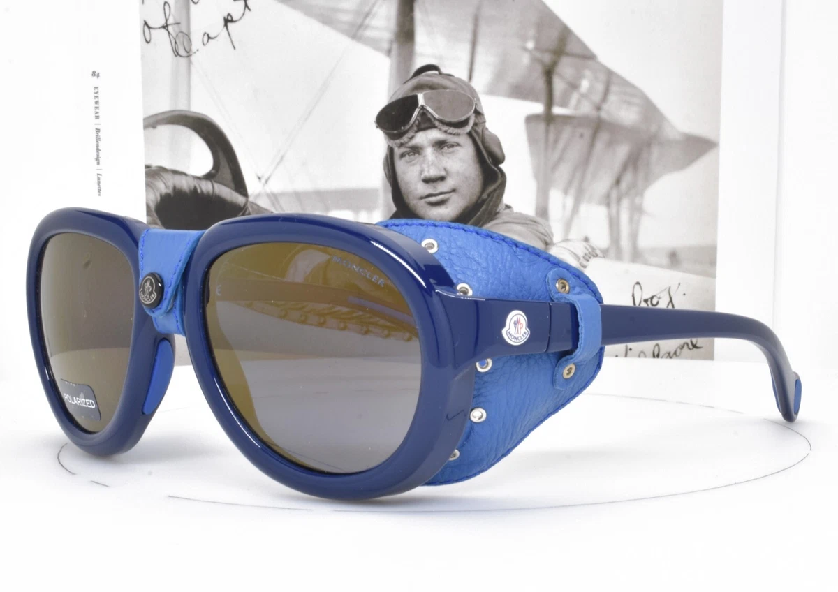 モンクレールMONCLER サングラス ブルーレンズ 美品USED MONCLER Blue Sunglasses Genuine Leather Shield Ski Trekking Hiking