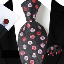 Classic Polka Dot Black Red Jacquard Silk Men's Tie Necktie Hanky Cufflink Set