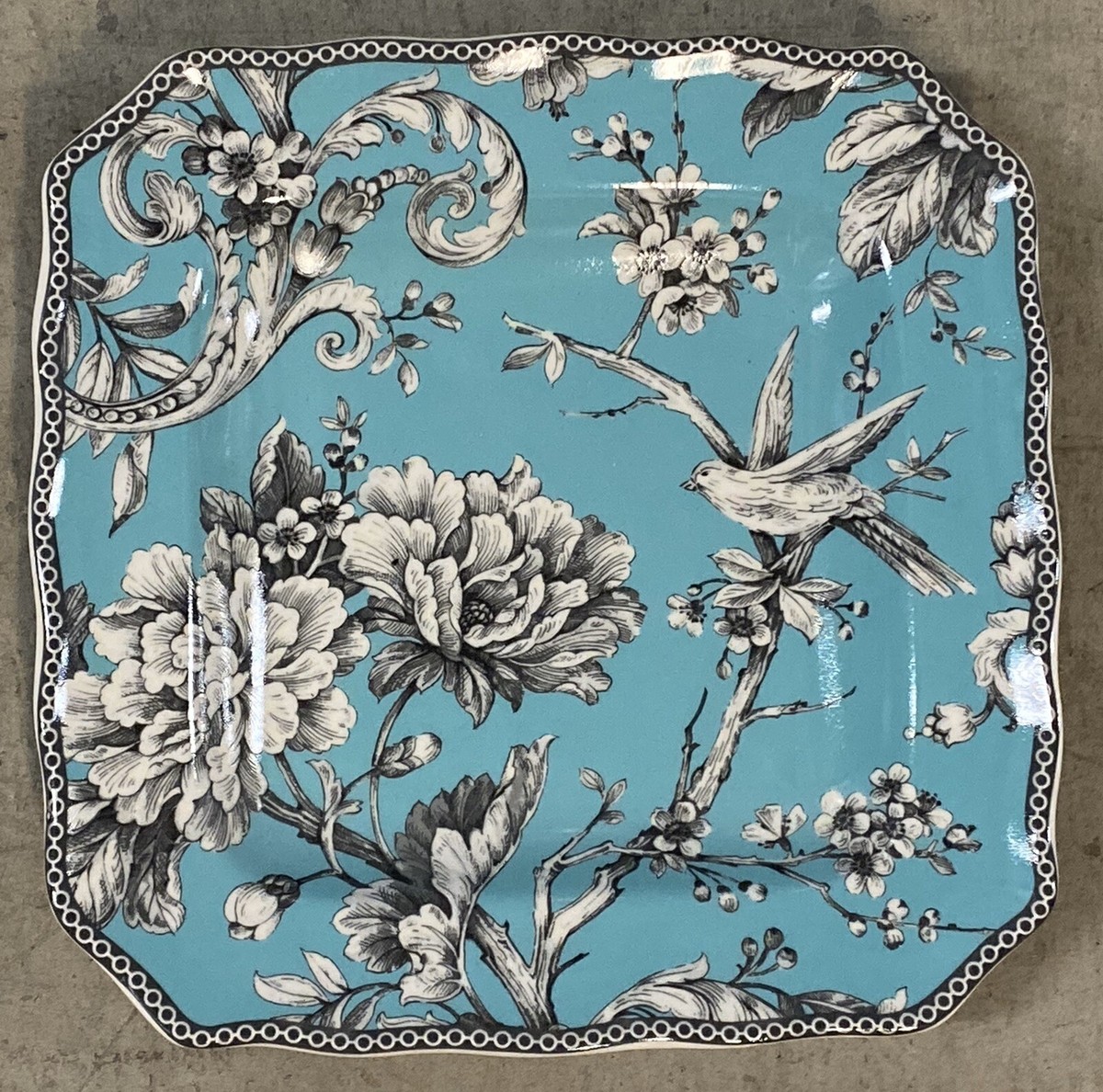 222 Fifth Adelaide Turquoise Square Side Plates Set Of Toile Birds Floral