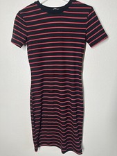 Womens Zara Trafaluc Knit Dress Red Black Striped Small Ribbed Fitted Crew Neck