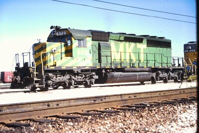 #ad MKT #602 4 89 kodachrome train photo slide green yellow stripe engine $3.94