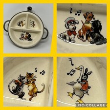 Vintage Excello Baby Food Dish Warmer Scotty Dog Dancing Cats Stainless/Ceramic