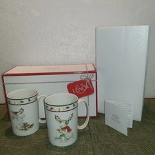 NEW In BOX Lenox 2 MERRY MARCEL MOOSE COFFEE MUG CUP SET Christmas NEVER OPENED