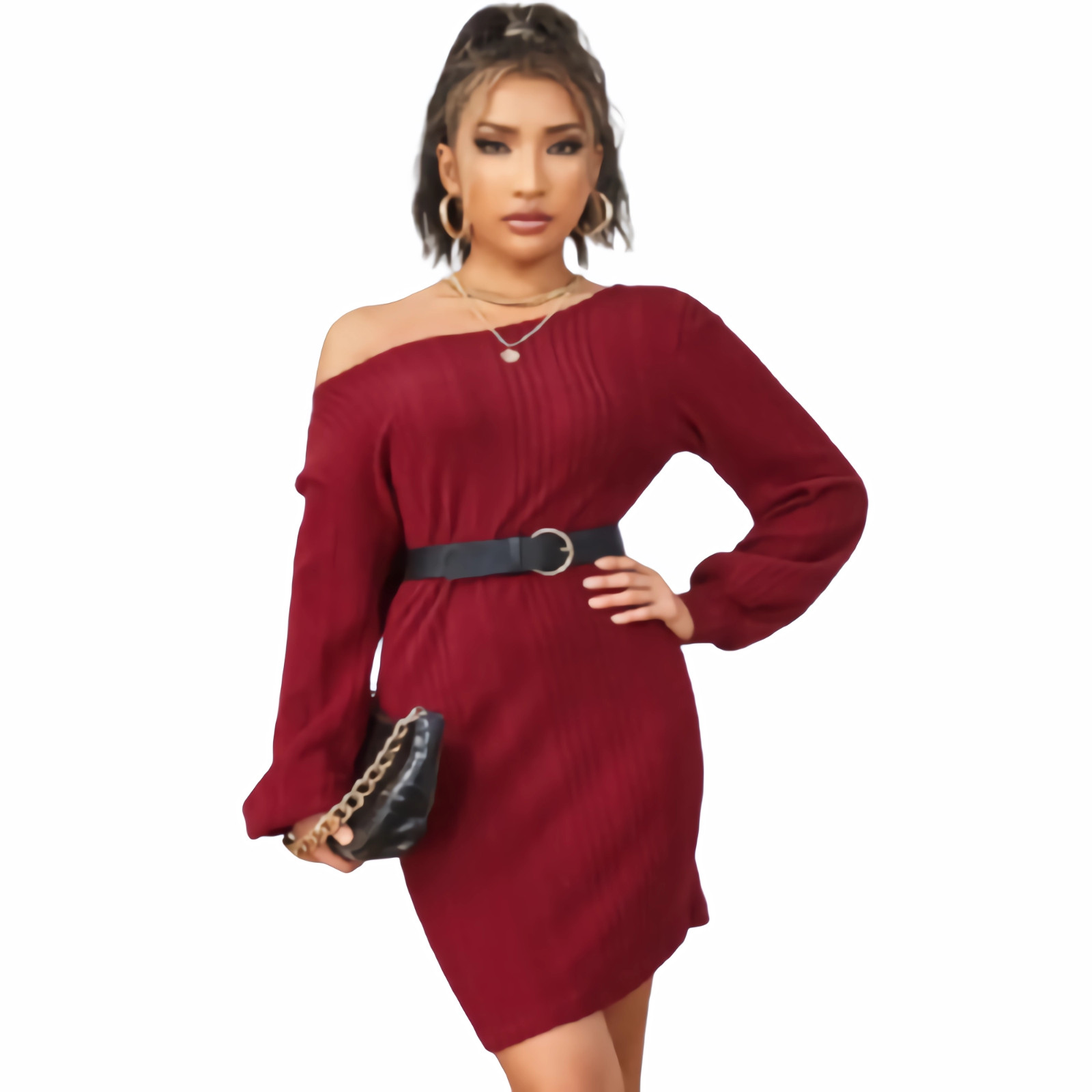 Vestido Mini Rojo Burdeos Mujer Manga Larga Canalé Elegante Elástico Ligero