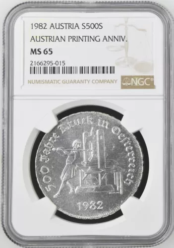 1982 Austria Österreich 500 Schilling Silver 500 Years Printing - NGC MS 65