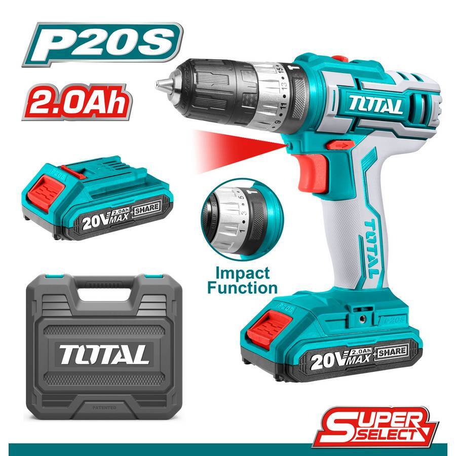 TRAPANO AVVITATORE A PERCUSSIONE 2 BATTERIA A LITIO 20V 2.0Ah 45Nm TOTAL