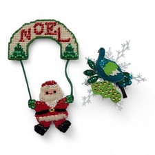 Vintage Needlepoint Plastic Canvas Christmas Decor Lot Santa Noel Hanger Bird
