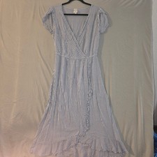 Naïf Striped Wrap Midi Dress Medium Womens Blue White Ruffle Hem Puff Sleeve