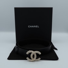 Chanel CC Crystal Buckle Belt Calfskin Leather Black 85/34 A20 K