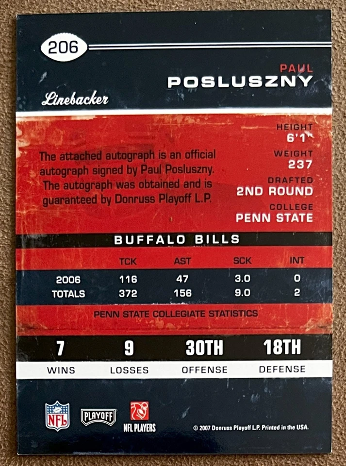 2007 Playoff Contenders Rookie Ticket Autograph Paul Posluszny #206 Bills Auto - Image 2 of 2