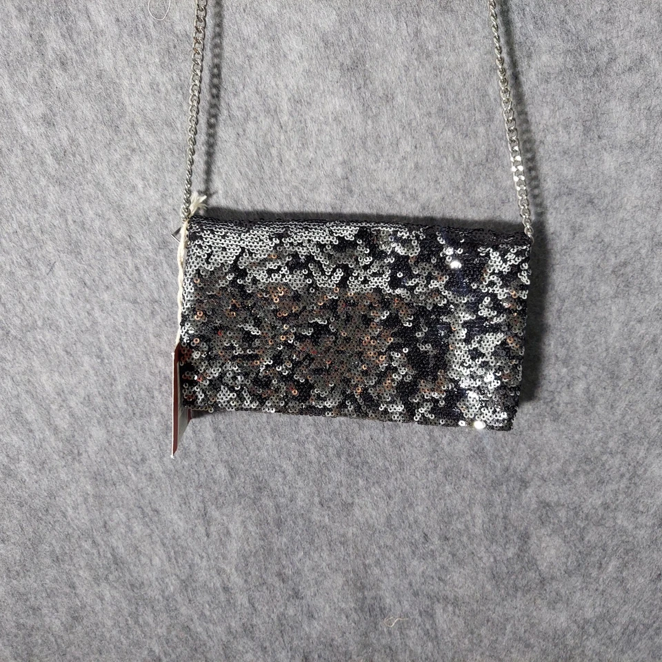 Bolsa Mossimo tiracolo lantejoulas metálicas noite embreagem três dobras prata corrente - Imagem 3 de 4