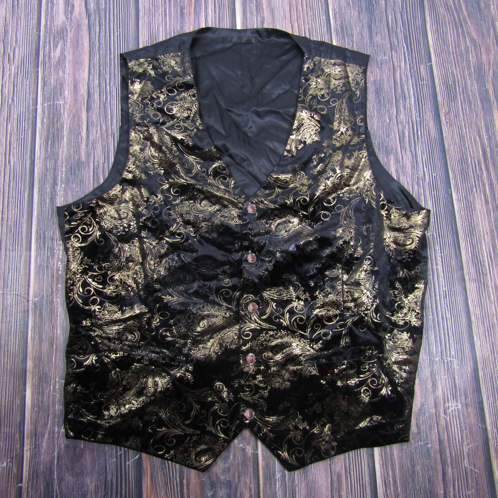 Vest Mens L Black Paisley Velvet 5-Button Belted Tuxedo Waistcoat Formal Wedding-image