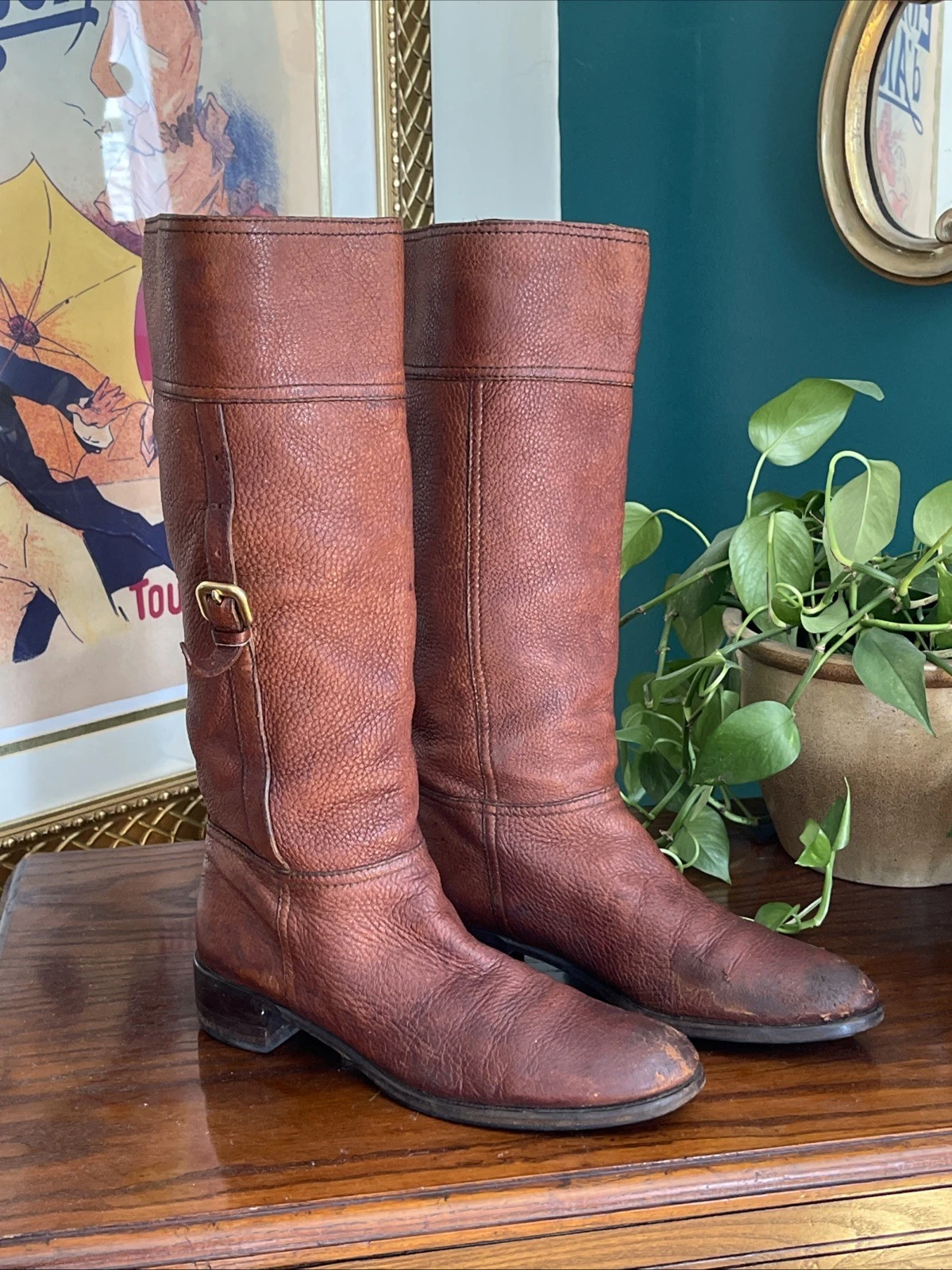 Stivali equitazione vintage PRADA pelle marrone ciottolato tacco a blocco equitazione pull on taglia 40