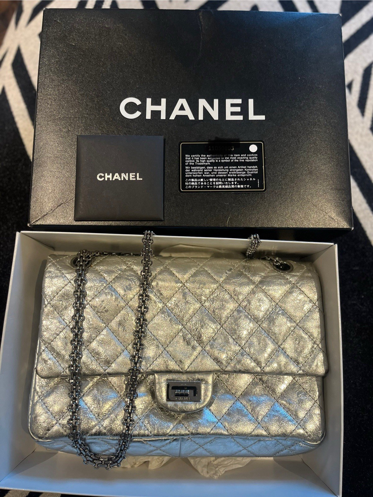 Chanel 2.55 Reissue Flap Bag 226 Medium In Silver aged calfskin AUTHENTIC & RARE