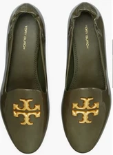 TORY BURCH ELEANOR LOAFER FLAT Olive LEATHER Logo Sz 7 1/2