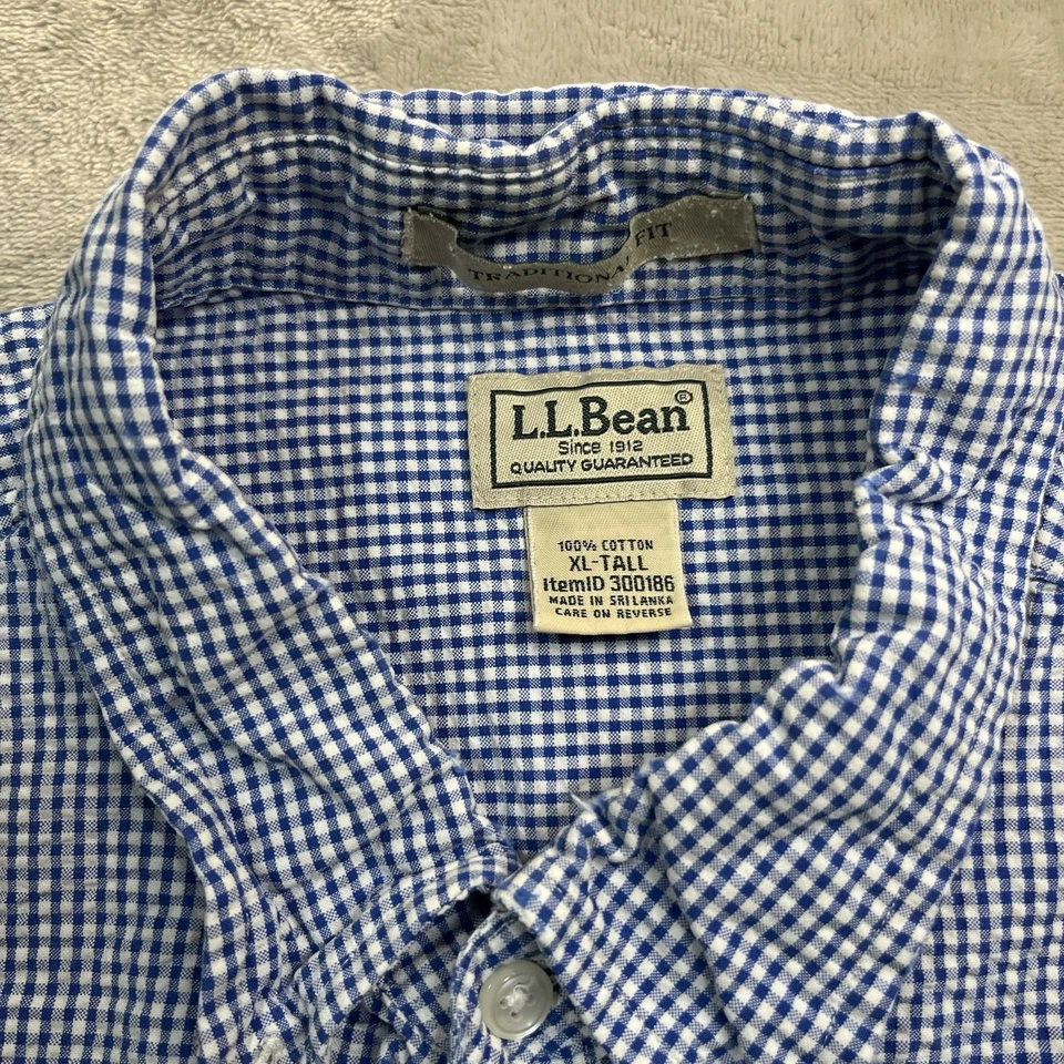 LL Bean Shirt Mens XLT Blue White Check Plaid Seersucker Cotton - Image 3 of 4